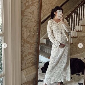 Cream Crochet Knit Button-Front Women's Sweater/Skirt Set